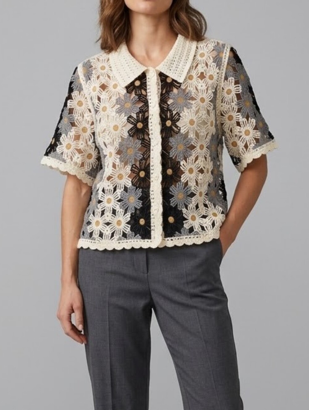 Floral Crochet Knit Button-Front Short Sleeve Cardigan Top - Small / Medium NWT!